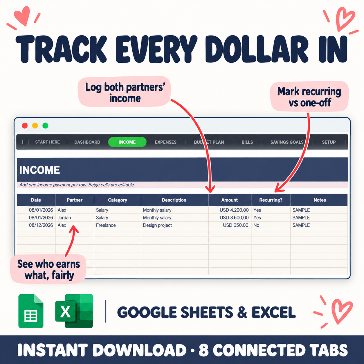 Income tracker showing both partners’ earnings and recurring income entries