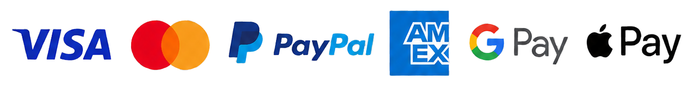 Accepted payment methods: Visa, Mastercard, PayPal, American Express, Google Pay, and Apple Pay